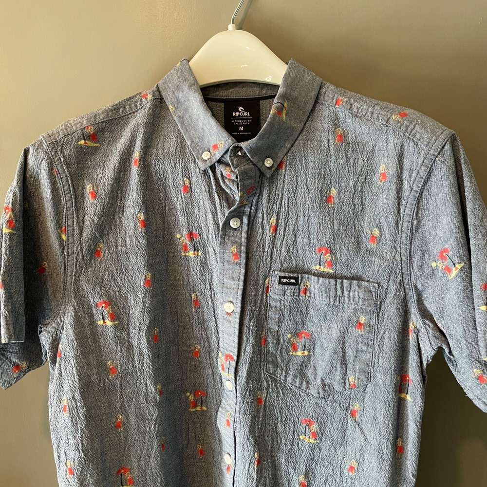 Rip Curl Mens Blue Hula Girl Palm Tree Short Sleeve Button Down Shirt Medium